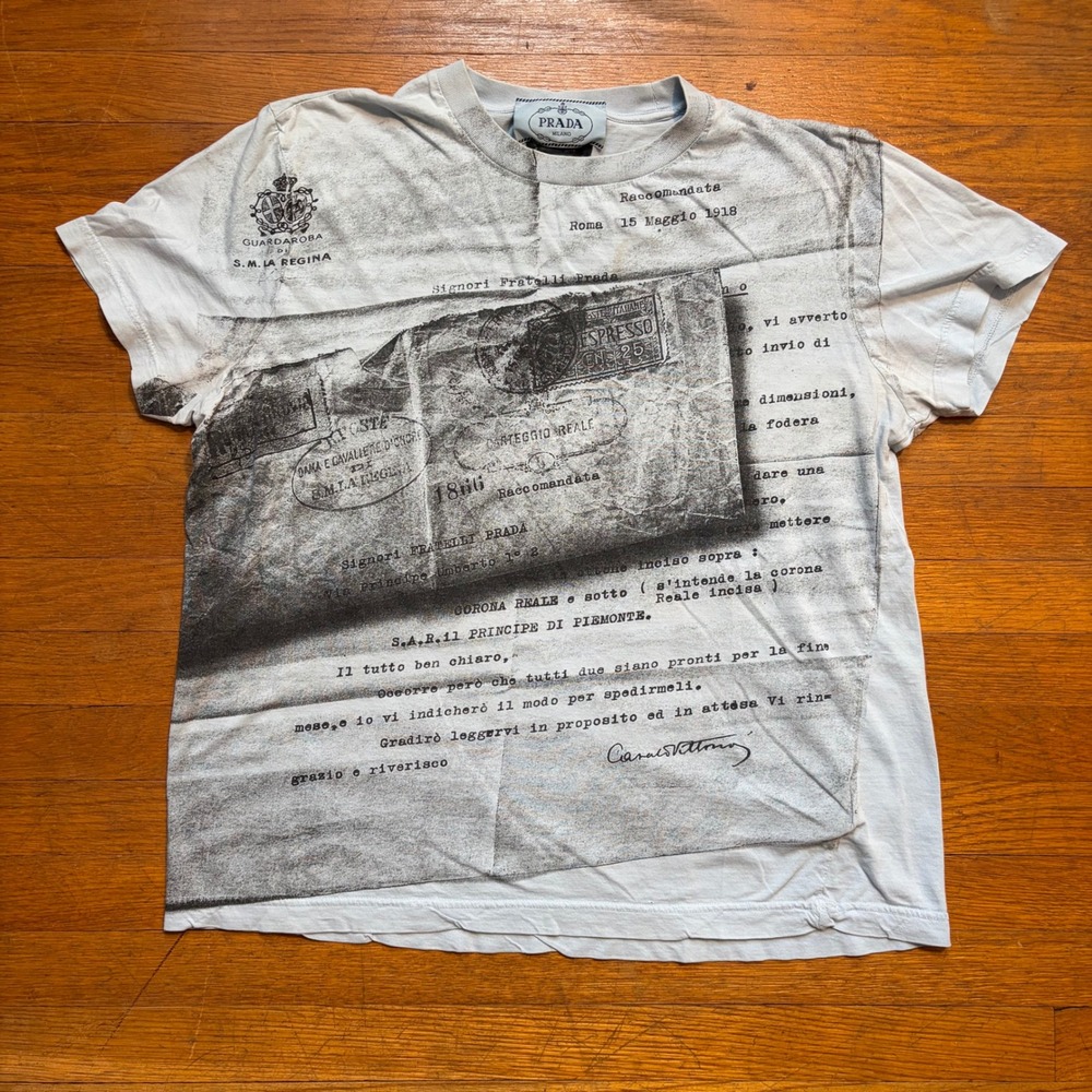 Prada Milano 2009 Postcard Archive Graphic AOP T-Shirt Light Blue Tagged Large